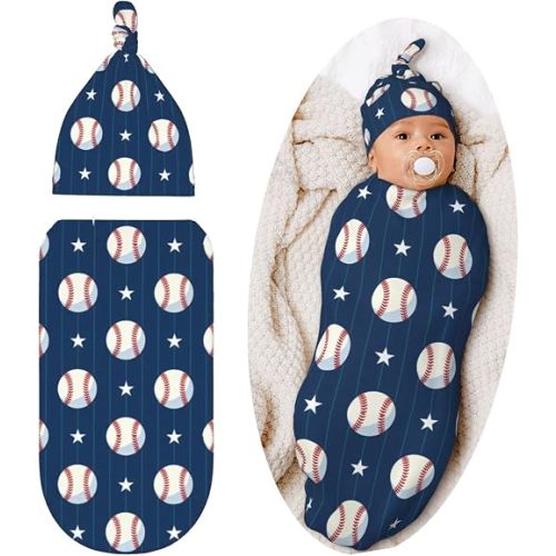 Lcokin Cute Baseball Print Baby Stuff Swaddle Blanket Hat Set for Boys Girls Shower Gift