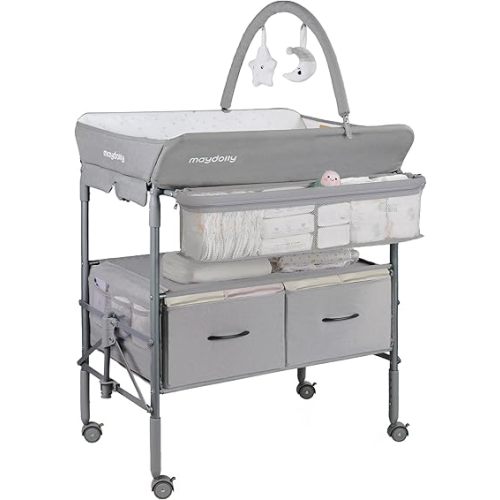 Maydolly Baby Changing Table, Portable Folding Changing Table with Wheels, Waterproof and Adjustable Height, Premium Diaper Changing Station with Two Drawers, Mobile Nursery for Newborn (Grey)