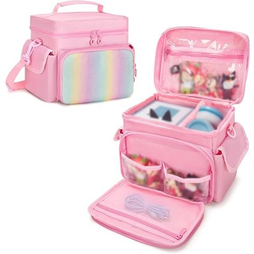 Carrying Case Compatible with Tonies, Storage Bag Organizer for Audio Player Starter Set, Figures, Headphones, Charging Station, Accessories, with Shoulder Strap and Handle, Pink (Case Only)