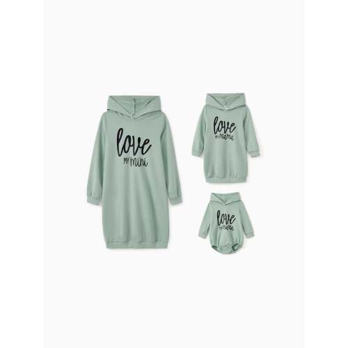 Mommy and Me Letter Print Green Long-sleeve Hoodie Dresses Light Green