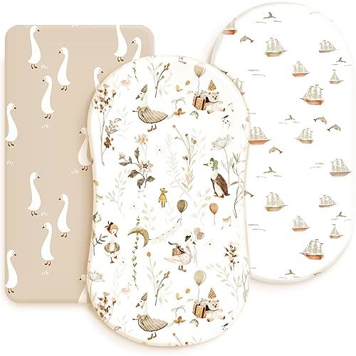GRSSDER Stretchy Ultra Soft Fitted Bassinet Sheets 3 Pack, Universal Fitted for Oval Rectangle Bassinet Mattresses Safe and Snug, Stylish Bassinet Sheet Gender-Neutral Print for Baby