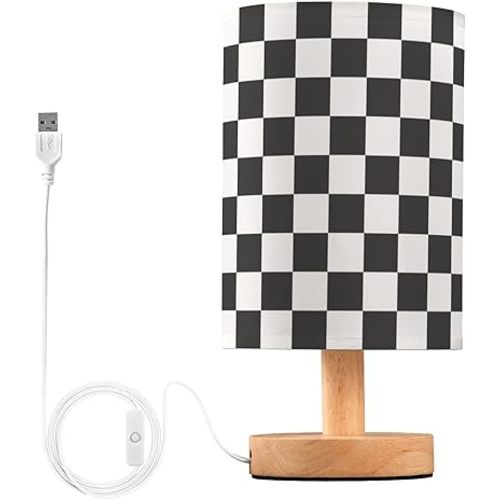 Table Lamp Black White Checkered Nightstand Lamp with Wood Base LED Bedside Shade Desk Lamp for Bedroom Living Room Dorm Office Decor