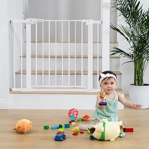 COMOMY 30" Tall Baby Gate for Stairs Doorways, Fits Openings 29.5" to 40.5" Wide, Auto Close Extra Wide Dog Gate for House, Pressure Mounted Easy Walk Through Pet Gate with Door, White
