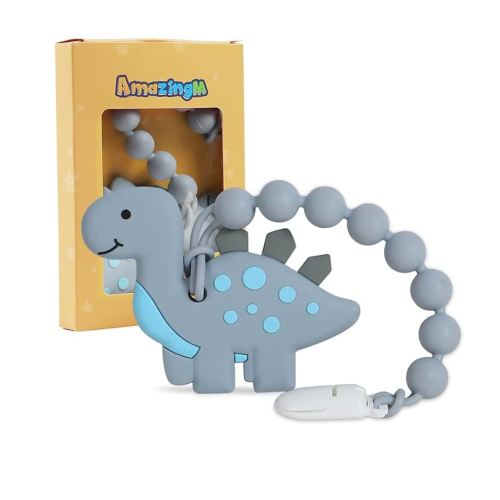 Baby Food Grade Silicone Teether Toy with One Piece Design Pacifier Clip Holder,Teething Pain Relief Toys Gift Set for 3 Months+ Boys and Girls,Freezer Safe,BPA Free. (Gray Dinosaur)