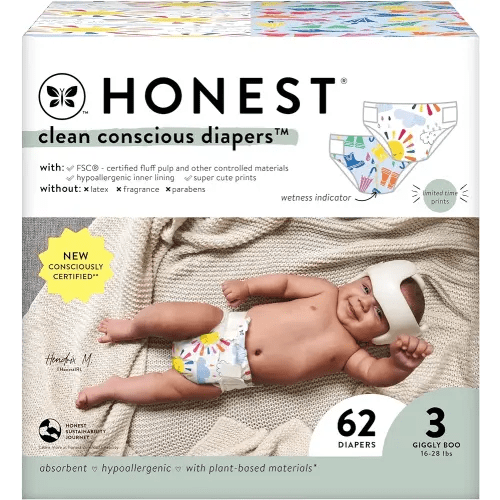 The Honest Company Clean Conscious Diapers | Plant-Based, Sustainable | Limited Edition Prints | Club Box, Size 3 (16-28 lbs), 62 Count