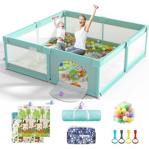 LUTIKIANG 79" x 71" Baby Playpen with Mat, Play Yard for Babies and Toddlers, Indoor/Outdoor Gate, Large Play Pen for Safety, Playtime, and Fun (Green)