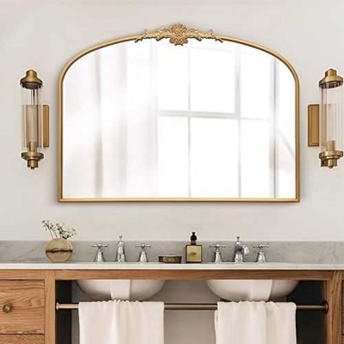 Vintage Baroque Arched Mirror: 40"x30" Gold Antique Wall Mounted Mirror - Traditional Ornate Metal Frame - Home Decor for Entryway/Fireplace/Living Room/Hallway/Bathroom