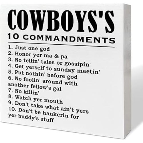 Western Desk Decor Wooden Box Sign, Cowboys's 10 Commandments, Inspirational Western Decor for Home Bedroom Party Cowboy Desk Decoration for Living Room Kitchen Table Cowboy Gifts for Men Boys