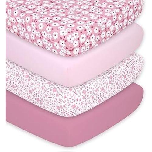 The Peanutshell 4-Pack Fitted Crib Sheet Set - Super Soft & Breathable Baby Girl Crib Sheets, Nursery Decor, Fit for Standard Mattress Cover- Daisy
