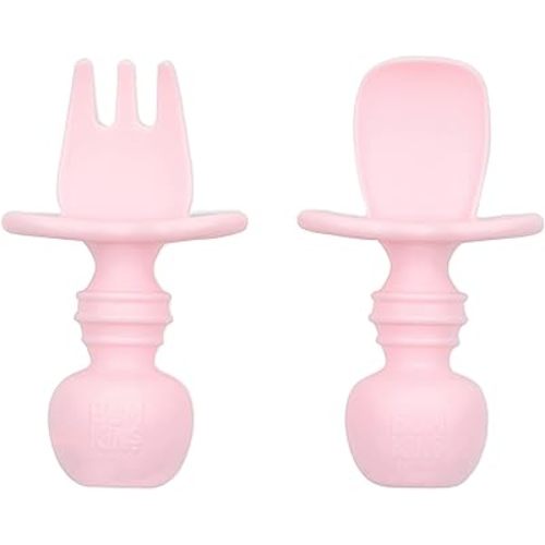 Bumkins Baby Utensils Set, Chewtensils Silicone Spoons for Dipping, Self-Feeding, Baby Led Weaning, Trainer Learning, First Stage Eating, Soft Practice Fork and Spoon, Babies 6 Months, Pink