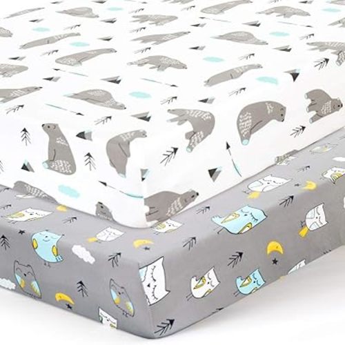 BROLEX Baby Fitted Crib Sheets: Kid Crib Sheets - Set of 2 for Toddler Standard Size Crib Mattress for Boys and Girls - Jersey Knit Crib Bed Sheets Owl Bear