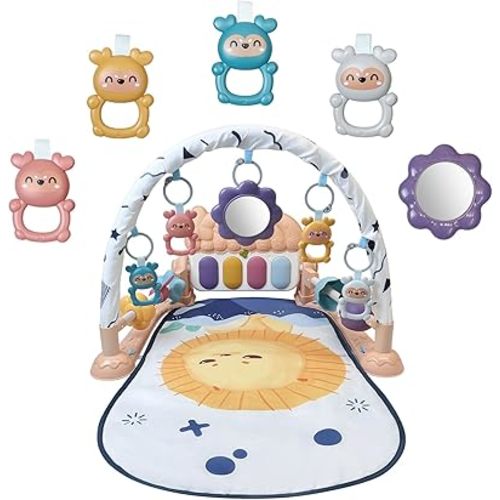 Baby Play Mat Activity Gym, Musical Activity Center, Kick and Play Piano Gym, Tummy Time Mats for Newborn Babies Infants Toddlers Boys Girls 0-3-6-9-12 Months (Apricot)