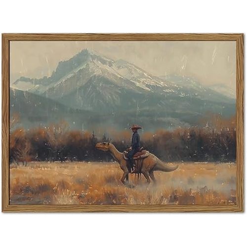 Vintage Dinosaur Cowboy Wall Art, Funny Western Jurassic Wall Decor Painting Spooky Cowboy Riding Dinosaur Poster Canvas Prints for Bedroom Farmhouse Living Room 16x24 inch Wood Framed