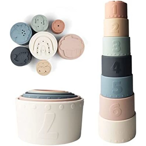 Ali+Oli Silicone Stacking Cups (7-pc), Educational Toys for Baby & Toddler, Baby Bath Toys, Baby Toys for Sensory and Development, Counting Silicone Toys, BPA-Free Developmental Toys for Babies