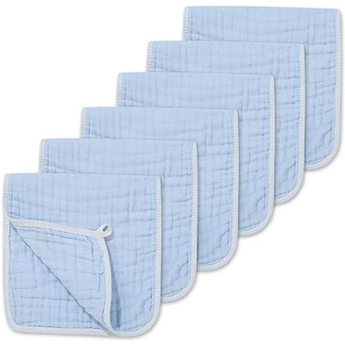 CottCare Muslin Burp Cloths for Baby 100% Cotton Large 20''X10'' 6 Layers Thicken Super Soft and Absorbent (6 Pack,Blue)