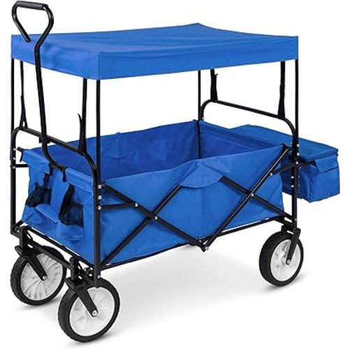 Best Choice Products Collapsible Folding Outdoor Utility Wagon with Canopy Garden Cart for Beach, Picnic, Camping, Tailgates w/Removable Canopy, Detachable Pockets, 150lb Weight Capacity - Blue