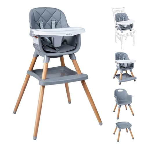 BABY JOY 8-in-1 High Chair, Convertible Wooden Highchairs for Babies and Toddlers | Dining Booster Seat | Toddler Stool, Double Removable Tray, 5-Point Safety Harness & Waterproof PU Cushion (Gray)