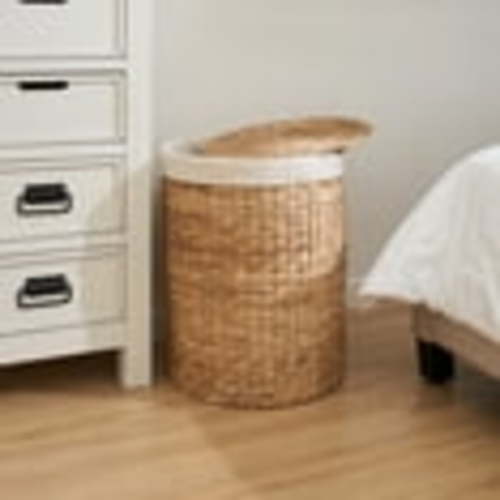 Round Tall Water Hyacinth Woven Wicker Laundry Hamper with Lid - 15" x 15" x 20" - Natural Brown