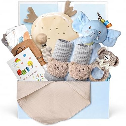 7PCS Baby Gift Set, Baby Gift Basket for Boys Girls, Gender Neutral Gifts, Baby Bath Sets for New Baby, Rattle Swaddle Blanket Baby Gifts for Boys Girls