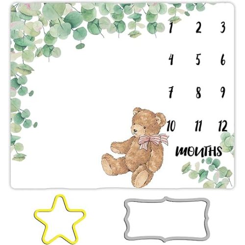 Baby Monthly Milestone Blanket,Green Leaves Wreath Bear Baby Boy Gifts,Nursery Decor Baby Shower|Newborn Baby Month Blanket | Includes Picture Frame,48x40inch BTXYME104