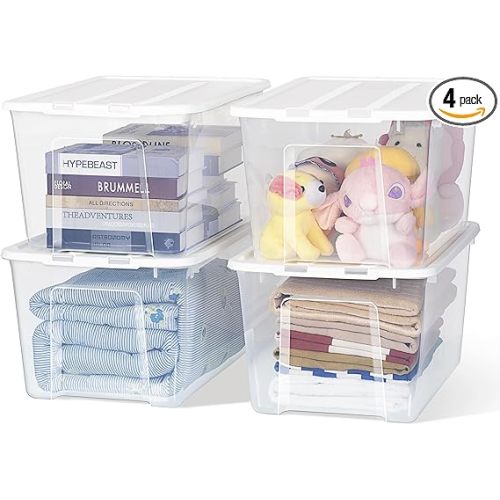 Citylife 54 Quart Stackable Storage Plastic Storage Box with Tight Locking Lid Clear Storage Box Chest, Plastic Container for Organizing Clothes in Closet, 4-Pack