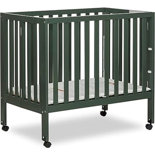 Dream On Me Jett Mini Folding Baby Crib in Olive, GreenGuard Gold & BSA, Lightweight & Portable, Patented Flat Folding System for Small Spaces & Travel, 1.5” Mattress Pad, 3 Heights, Safe Wheels