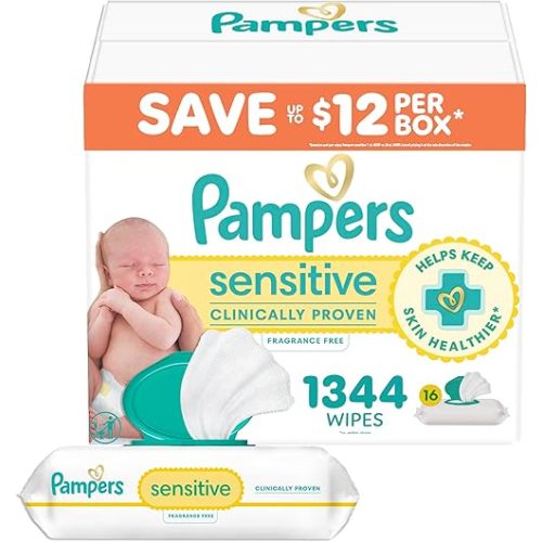 Pampers Baby Wipes, Sensitive, Water Based Wipe, Clinically Proven, Hypoallergenic, and Unscented for Babies, 1344 Wipes Total (16 Flip-Top Packs) [Packaging May Vary]