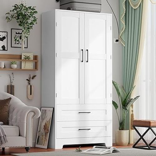 Wooden Armoire Wardrobe Closet with Drawers, Bedroom Armoires with Door and Shelves, Freestanding Wardrobe Clothing Storage Cabinet with Hanging Rod for Bedroom, Laundry Room, Cloak Room （White）