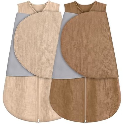 BSTOPPT Newborn Sleep Sack Baby Swaddle,100% Muslin Cotton,3-Way Adjustable Wearable Blanket,Swaddling Sleeping Bag (2, Beige & Khaki, 0-3 Months)