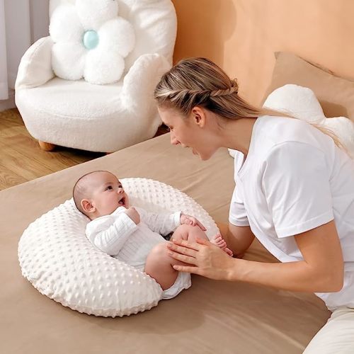 Nursing Pillow and Positioner with Minky Cover for Breastfeeding and Bottle Feeding, Propping Baby, Tummy Time, Baby Sitting Support, Awake-Time Support (Beige, 22" x 17.7" x 5.9")