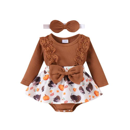 Michellecmm Baby Girl 2Pcs Thanksgiving Outfits Long Sleeve Pumpkin Turkey Print Romper with Headband Set Infant Clothes