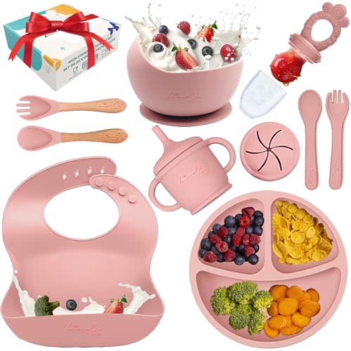 Silicone Baby Feeding Set - BPA-Free - Baby Led Weaning Supplies, Complete Kit toddler eating essentials – Empower Your Little One's Independence with LimOr's baby essentials 6-12 months (Pink)