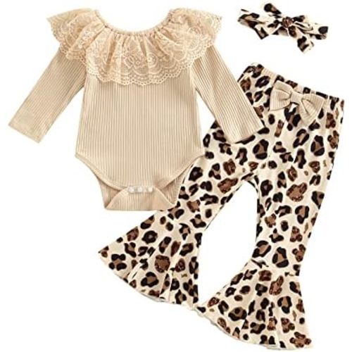 fhutpw Newborn Baby Girl Clothes Infant Rib Frill Long Sleeve Romper Flared Pants Headband Set 3pcs Fall Winter Outfits