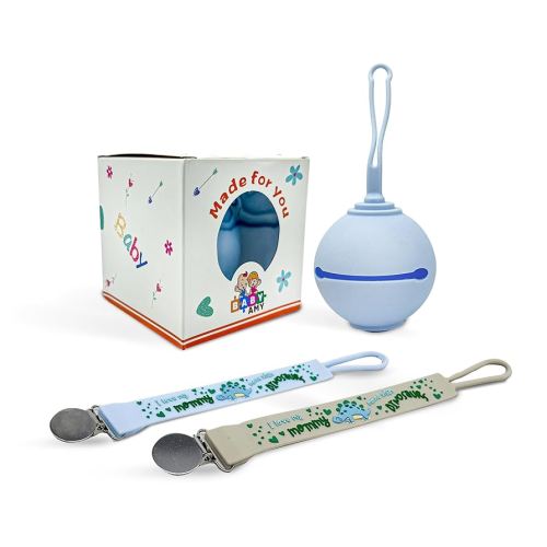 Pacifier Clip and Case for Baby Boys – Blue & Gray | 2 Silicone Clips with Storage Box | BPA-Free Set for 0–6 Month Babies