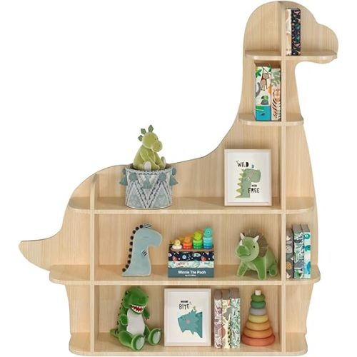 Dinosaur Kids Bookshelf, 5-Tier Eco-Safe Toddler Nursery Book Shelves,Montessori Solid Wooden Book Shelf for Kids Rooms, Sturdy and Fun Book Organizer for Kids Room, Playroom
