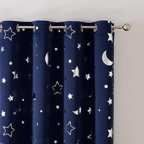 WUBODTI Navy Blue Star Blackout Curtains 54 inch Long 2 Panels for Kids Bedroom Nursery, Room Darkening Themed Insulated Space Theme Star and Moon Patterned Short Curtain Drapes for Baby Boys