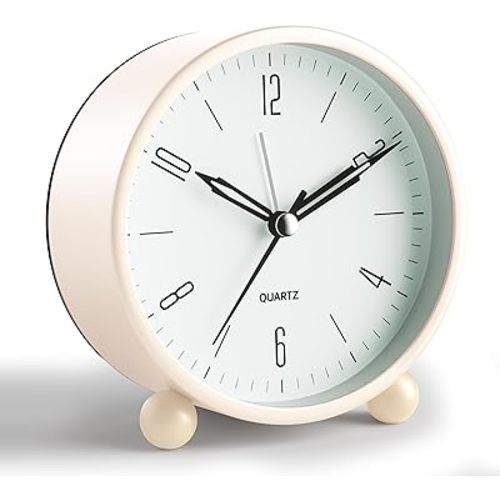 Analog Alarm Clock, 4 inch Super Silent Non Ticking Small Clock with Night Light, Battery Operated, Simple Design, Old Fashioned Style Cream Decor, for Bedroom, Bedside, Desk, Adult, Kid, Gift, White