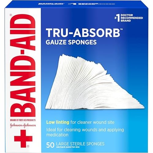 Band Aid Brand First Aid Products Tru-Absorb Sterile Gauze Sponges for Cleaning and Cushioning Minor Wounds, Cuts & Burns, Low-Lint Design, Individually Wrapped 4 in by 4 in Pads