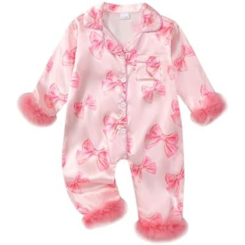 woshilaocai Baby Girl Button Down Romper Bow Strawberry Fuzzy Cuff Long Sleeve Jumpsuit Spring Summer Clothes