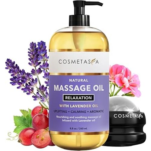 Cosmetasa Lavender Massage Oil for Massage Therapy with Roller - All Natural, Cruelty-Free & Spa Quality Skin Therapy Oil & Soothing Care - Lavender, Geranium & Grapeseed Oil (8.8 oz)