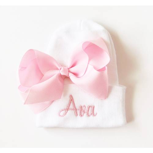 Personalized newborn girl hat, hospital baby name hat, personalized baby girl hat, monogrammed baby girl hospital hat with bow