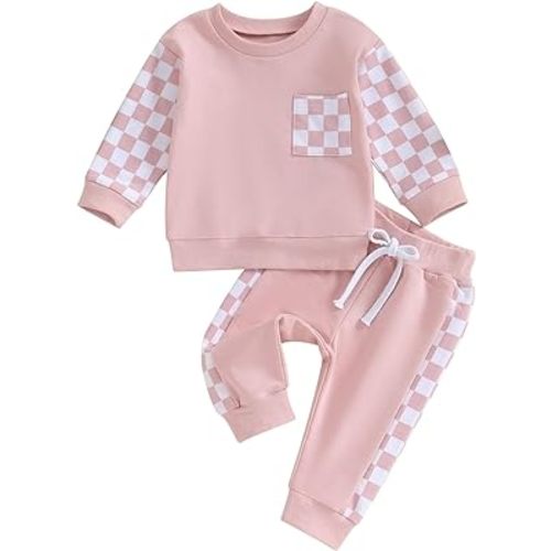BeQeuewll Baby Girl Clothes Fall Winter Outfits Long Sleeve Sweatsuit Checkboard Sweatshirt and Pants Toddler Infant Clothing