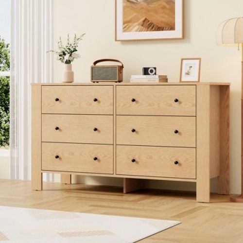 Natural Oak 6 Drawer Dresser for Bedroom,Modern Double Dresser Organizer with Storage Drawers,Wooden Chests of Drawers for Bedroom,Entryway,Hallway