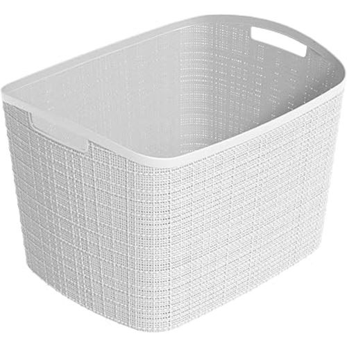 Curver Set of 2 XL 30.5L Jute Decorative Plastic Organization and Storage Baskets - Perfect Bins for Home Office, Closet Shelves, Kitchen Pantry and All Bedroom Essentials, White