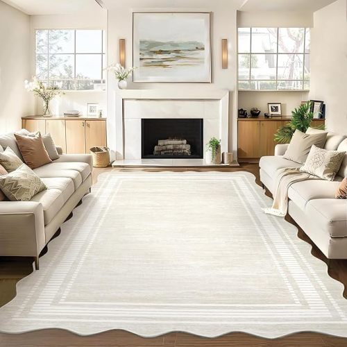 GarveeHome Scalloped 8x10 Rugs Washable Area Rugs for Living Room, Modern Bordered Solid Rug for Bedroom, Abstract Scalloped Non-Slip Stain Resistant Carpet for Dining Room Home Office Dorm,Cream