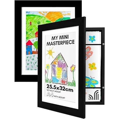 Americanflat - 2 Pack - Kids Artwork Frame Changeable (Black) - Magnetic Door Holds 100 Art Pieces - 8.5x11 Letter Size Display with Mat or 10x12.5 Without Mat - My Mini Masterpiece