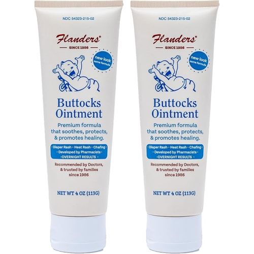 Flanders Buttocks Ointment - Diaper Rash Cream for Treatment & Prevention, Pharmacist Developed, Heat Rash & Chafing in Infants to Adults, Instant Relief (2 Pack of 4oz Tubes)
