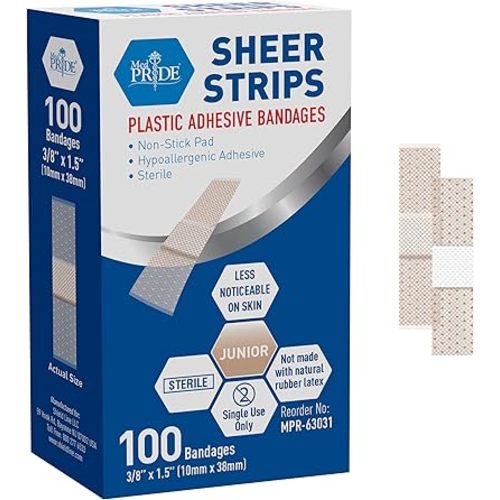MED PRIDE Sterile Extra Small Strip Bandages with Non-Stick Pad, Hypoallergenic Latex-Free Little Bandaids for Sensitive Skin, 100-Pack (3/8” X 1.5”)