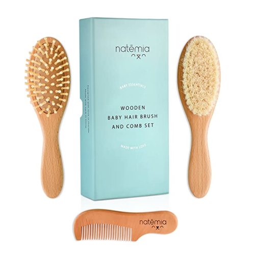Natemia Baby Hair Brush and Comb Set for Newborn - Wooden Baby Hair Brush and Comb Set, Baby Hair Brush and Comb Set, Soft Bristle Hair Brush Baby, Toddler Cradle Cap Brush, Baby Brush