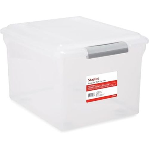 TRU RED Staples Store & Slide Hanging File Box, Latch Lid, Letter/Legal Size, Clear
